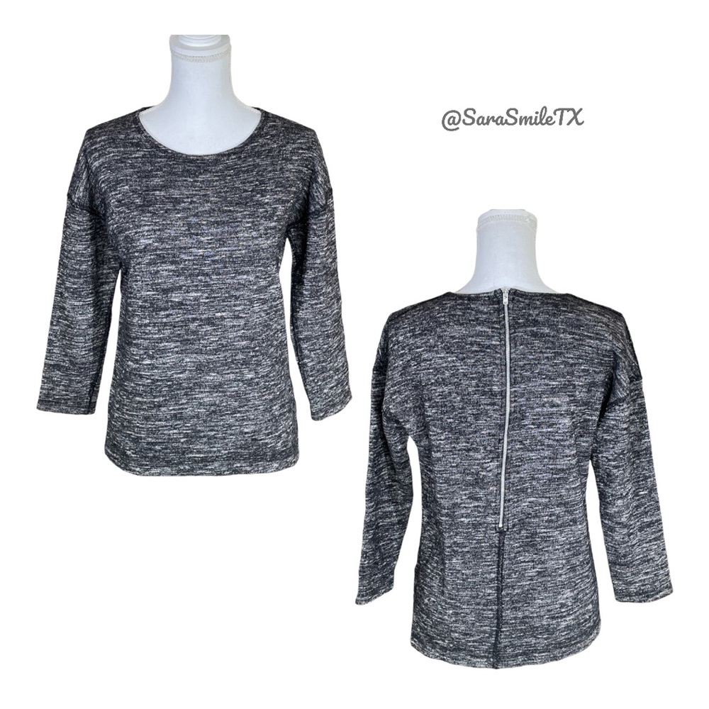 J CREW Heathered Black White Zipper Back 3/4 Sleeve Sweater